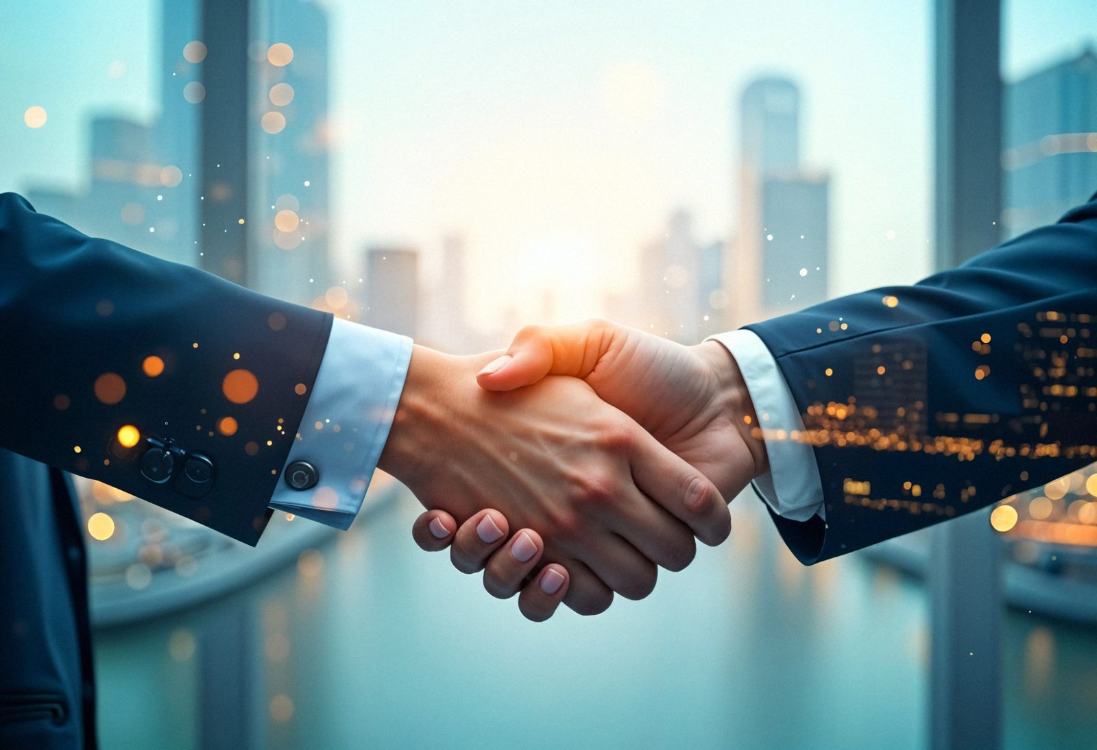 Business partners shaking hands with a city skyline behind them
